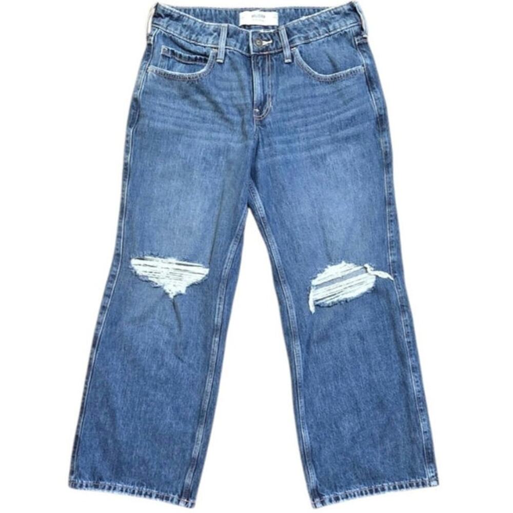 Hollister Low Rise Baggy Jeans Size 4S W27 Short Distressed Ripped Wide Leg